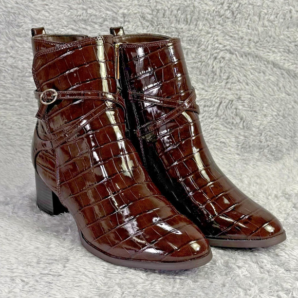 Anne Klein Makanda Ankle Boots Brown Croc Women's Size 9 Strappy Booties iFlex - Picture 3 of 11